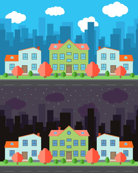 Vektorstadt mit drei zweistöckigen Cartoon-Häusern bei Tag und Nacht.  - Vektor, Bild