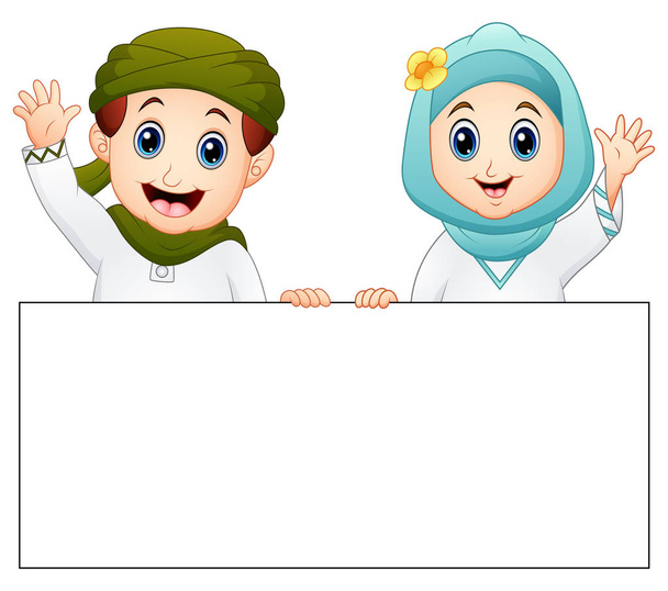 Happy muslim kid holding blank sign and waving hand - Vector, Image