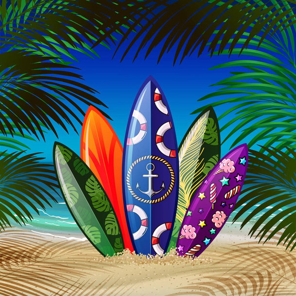 surfboards on sandy beach - Vector, Image