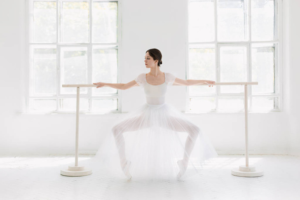Young and incredibly beautiful ballerina is posing and dancing in a white studio - Photo, image