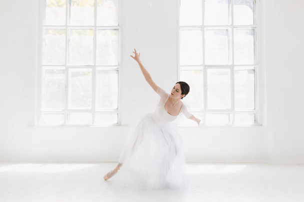 Young and incredibly beautiful ballerina is posing and dancing in a white studio - Φωτογραφία, εικόνα