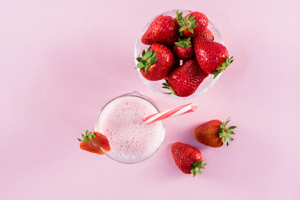 strawberries with milkshake in glass - Photo, Image