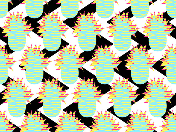 Seamless pattern of pineapples on a background of zigzags. Vector illustration - Vektör, Görsel