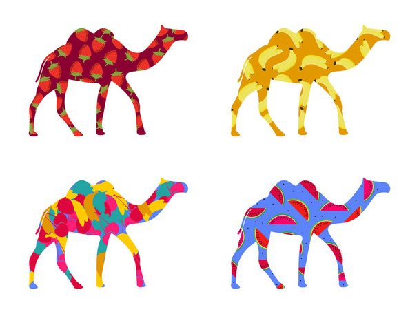 Bactrian camel Indian. Camel with a pattern of berries and fruit isolated on a white background. Bananas, strawberries and watermelon. Set of vector illustrations - Vector, Image