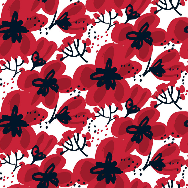 Blossom seamless pattern for surface design: wrapping paper, background, fabric. Abstract hand drawn red flower vector illustration.  Sketch decorative flowers   - Vector, Image