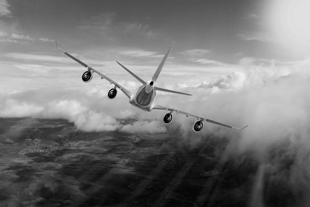 Vliegtuig in de lucht vlucht reizen vervoer vliegtuig achtergrond zon - Foto, afbeelding