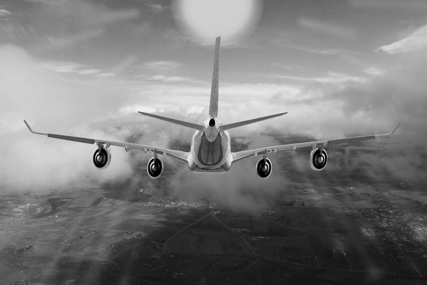 Samolot w niebo lotu podróży transportu samolot słońce tło - Zdjęcie, obraz