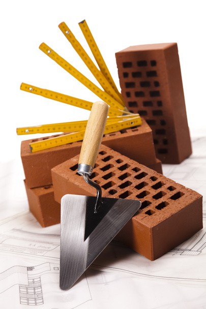 Building background, trowel and bricks - Photo, Image