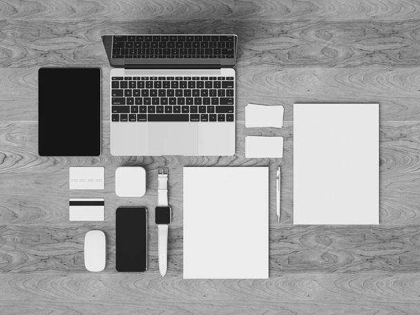 Black and White Stationery & Branding Mockup . Office supplies, Gadgets. 3D illustration - Zdjęcie, obraz