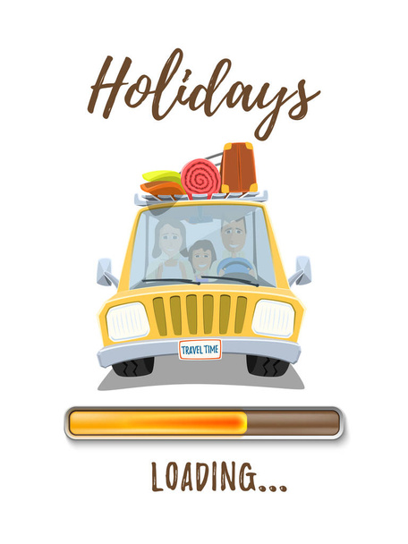 Holidays loading poster template with car and happy family. - ベクター画像