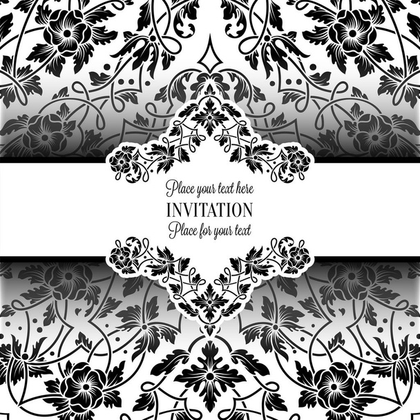 Floral invitation card with antique, luxury black and white vintage frame and ornamental lacy background,victorian banner,exquisite wallpaper ornament, baroque style fashion pattern, design template - Вектор, зображення