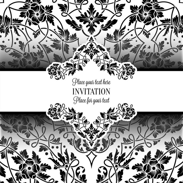 Floral invitation card with antique, luxury black and white vintage frame and ornamental lacy background,victorian banner,exquisite wallpaper ornament, baroque style fashion pattern, design template - Vecteur, image