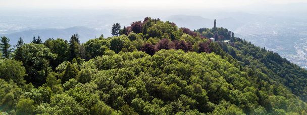 Aerial view of the Voltiano Lighthouse of Brunate and Como lake, trees and green. Lombardy, Italy - Photo, Image