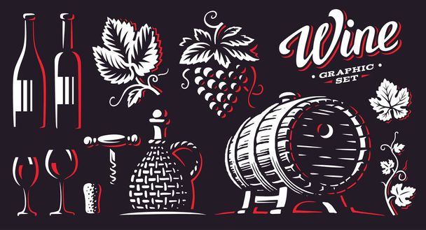 Wine set vector illustrations on dark background - Vector, Image