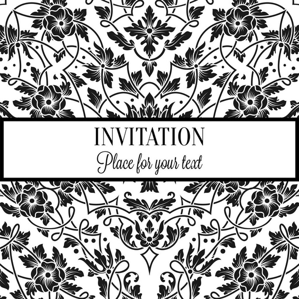 Floral invitation card with antique, luxury black and white vintage frame and ornamental lacy background,victorian banner,exquisite wallpaper ornament, baroque style fashion pattern, design template - Vector, Image