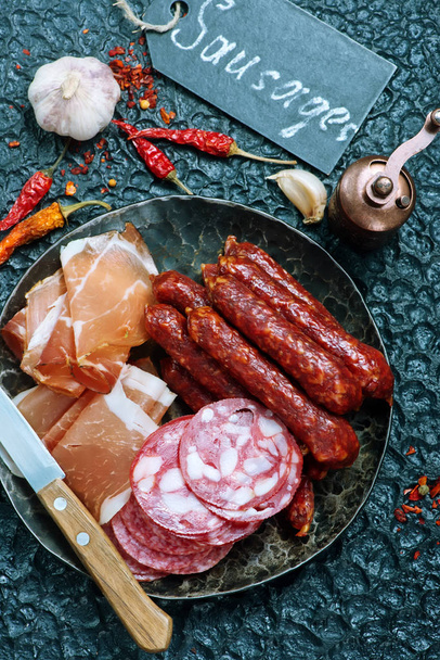 Italian ham, smoked sausages and salami - Fotoğraf, Görsel