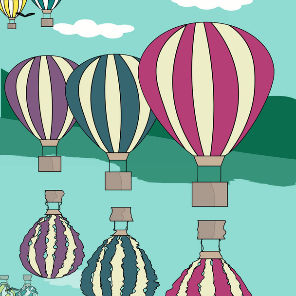 hot air balloon by the river vector illustration background greeting card - ベクター画像