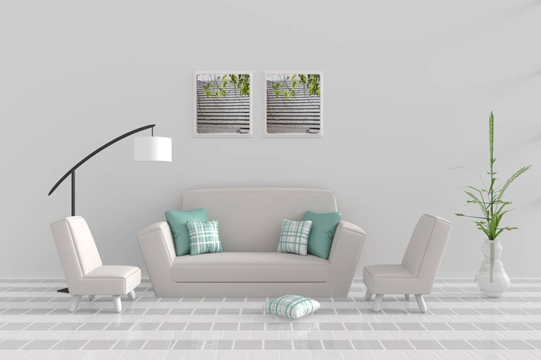 Sala de estar en el día de relax. Decoración con sofá, dos sillones, almohada verde-blanca, lámpara blanca, árbol en jarrón, pared de cemento cuadrícula y suelo de baldosas. El sol brilla a través de la ventana hacia las sombras. Renderizado 3D
. - Foto, Imagen