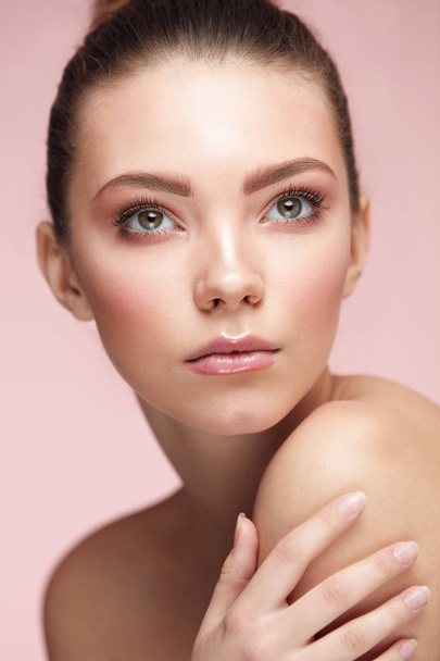 Beauty Woman Face Makeup. Female With Fresh Facial Skin - Photo, image