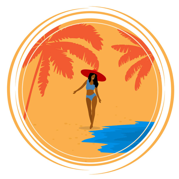 Round Retro poster with palm trees, sea, Girl and beach. Vintage - Вектор, зображення