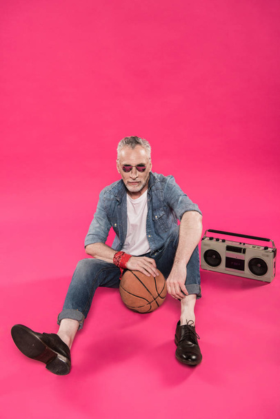 man with tape recorder and basketball ball - Photo, Image
