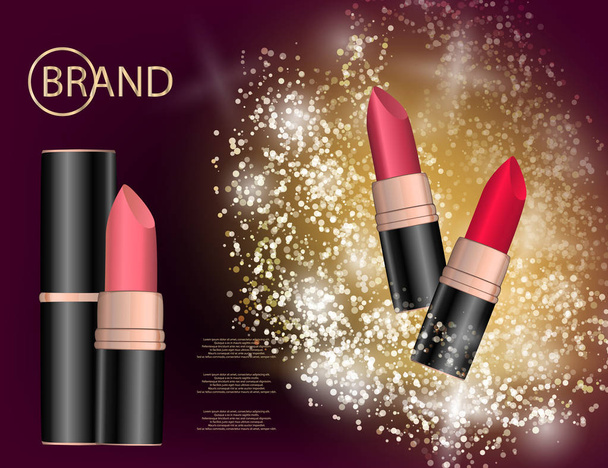 Glamorous colorful lipstick set on the sparkling effects background. - Вектор,изображение