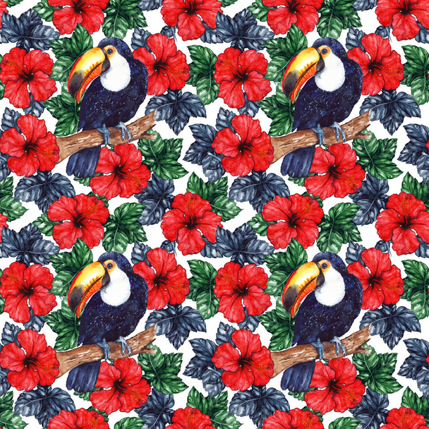 Акварель екзотична тропічна квітка гібіскус тварина птах тукан безшовний візерунок текстури фону
 - Фото, зображення