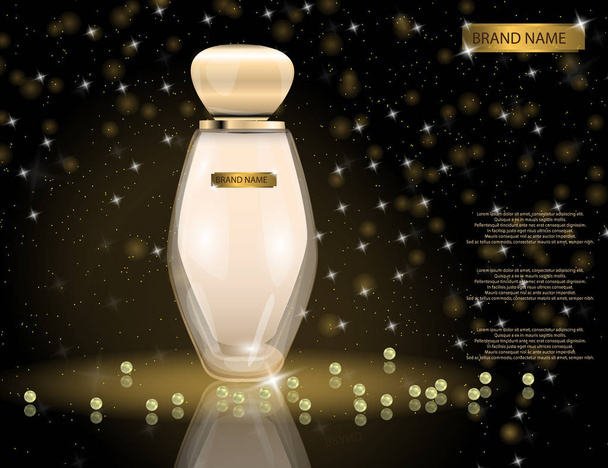 Glamorous perfume glass bottle on the sparkling effects background. Mockup 3D Realistic Vector illustration - Vektori, kuva