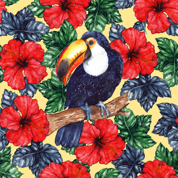 Watercolor exotic tropical flower hibiscus animal bird toucan seamless pattern texture background - Φωτογραφία, εικόνα