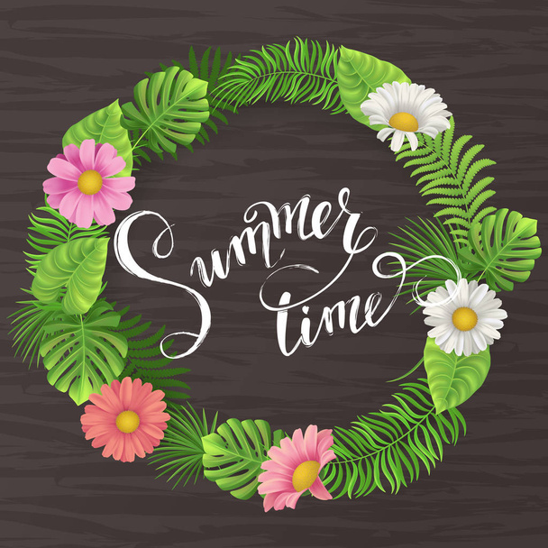 Summer lettering. Tropical palm leaves background. Vector illustration EPS10. - Vettoriali, immagini