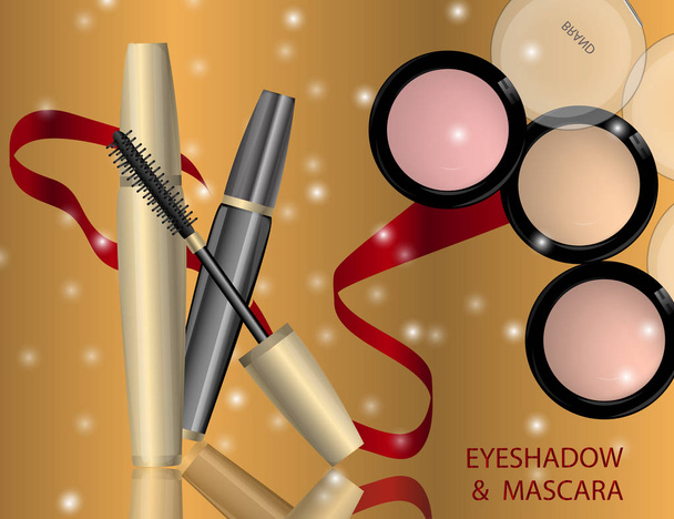 Glamorous Eye Shadows and mascara products package design in 3d on the sparkling effects background. - Vector, Image