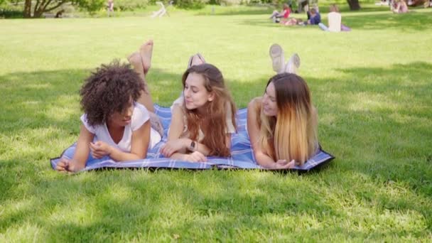 Feliz amigos do sexo feminino deitado na grama
 - Filmagem, Vídeo