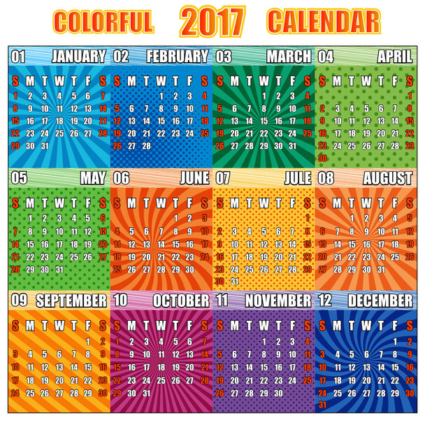 Πολύχρωμο ημερολόγιο για το έτος 2017 - Διάνυσμα, εικόνα