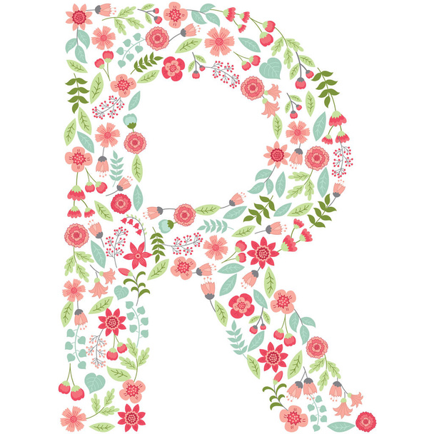 Vector floral letter R. Vector floral abc. English floral alphabet. Font vector illustration.  - ベクター画像