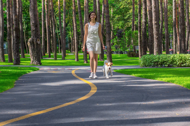 Woman walking in a park and dog on summer day. Pets walking outdoors. Fitness puppy - Photo, Image