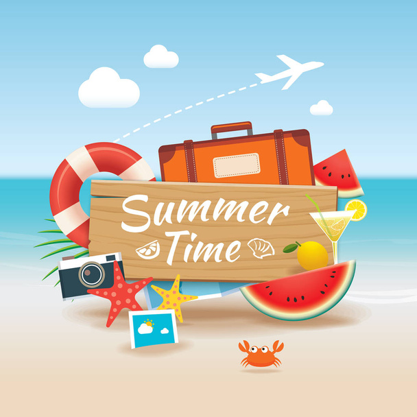 Summer time background banner design template and wooden sign el - Vector, Image