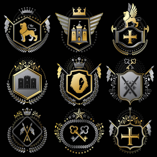 Collection of vintage coat of arms logos - Vector, Imagen
