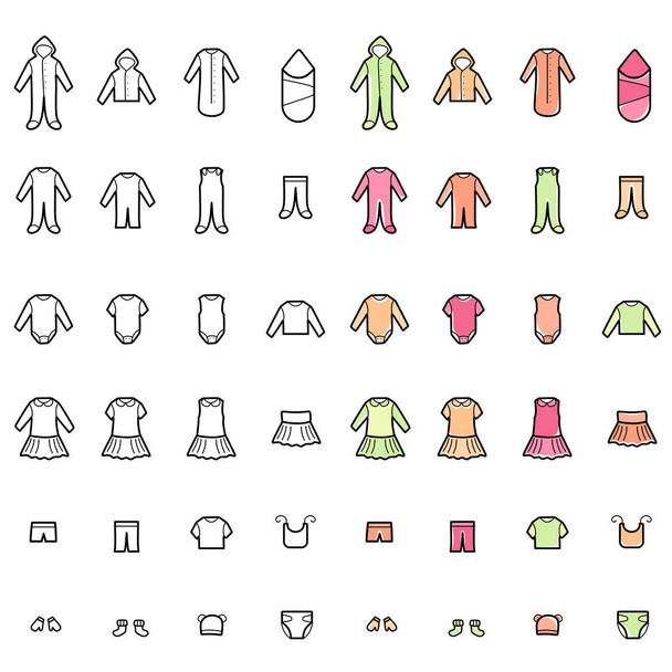 Ensemble d'icônes de ligne de vêtements bébé - Vecteur, image