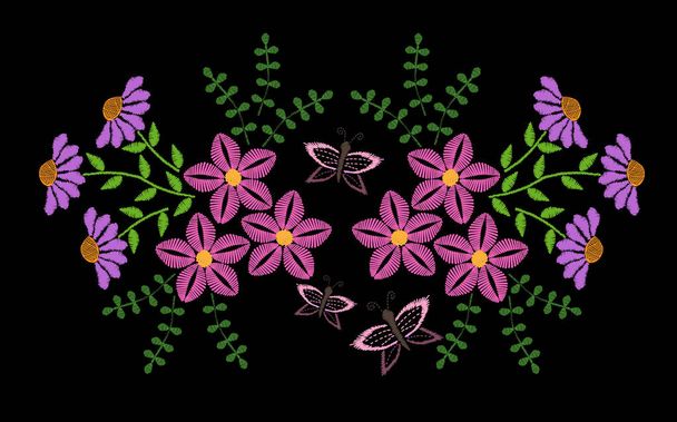 Embroidery stitches imitation fashion pattern with folk flower a - Vector, Image