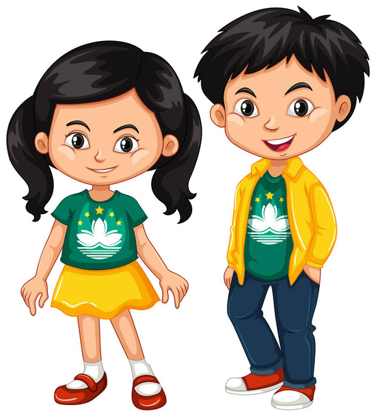 Счастливые мальчик и девочка в рубашке с флагом Макао
 - Вектор,изображение