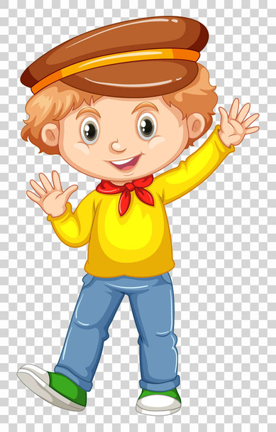 Μικρό αγόρι σε κίτρινο πουκάμισο, κουνώντας το χέρι - Διάνυσμα, εικόνα