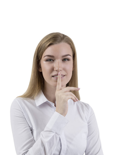Blond woman making a hush sign isolated - Photo, image