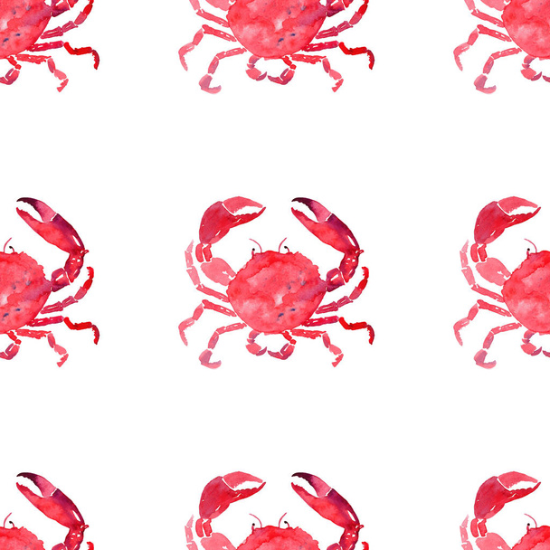 Colorful bright beautiful lovely summer sea tasty delicious pattern of red crabs watercolor hand illustration. Perfect for restaurant menu, greetings card and textile - Foto, immagini