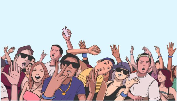 Иллюстрация безумной фестивальной толпы на концерте в цвете
 - Вектор,изображение