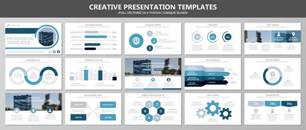 Набір синіх елементів для багатоцільових слайдів шаблонів презентації з графіками та діаграмами. Листівки, корпоративний звіт, маркетинг, реклама, щорічний звіт, дизайн обкладинки книг
. - Вектор, зображення