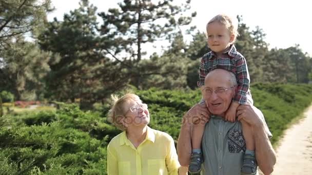 lindo chico sentado en abuelos hombro al aire libre
 - Metraje, vídeo
