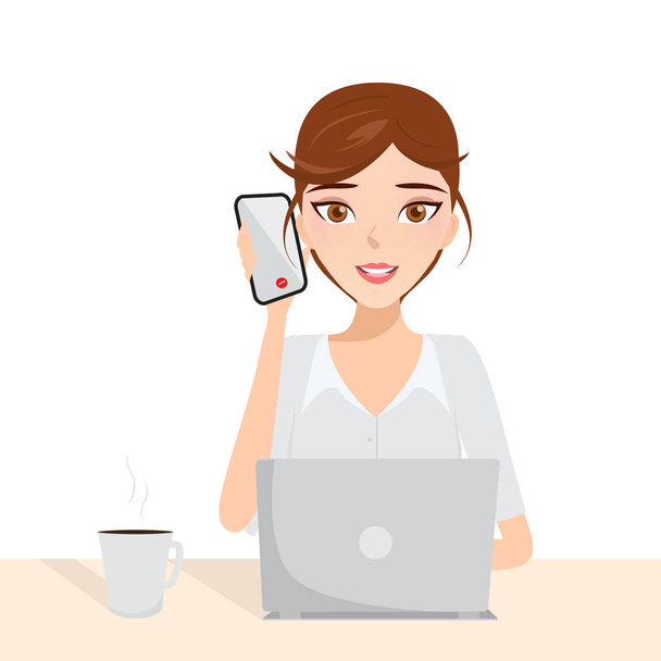 business woman working with a laptop and talking a mobile phone too. people character at office work. - Vector, Image