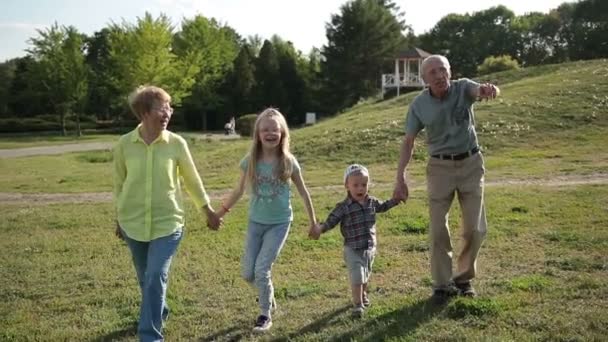 Avós caminhando com netos no parque
 - Filmagem, Vídeo