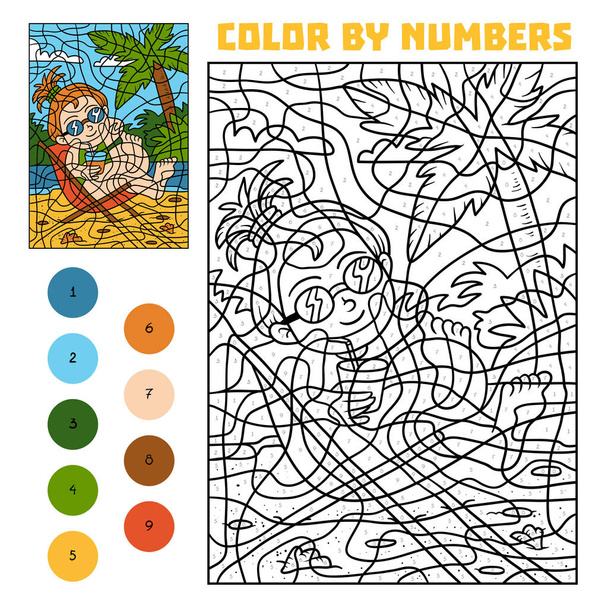Color por número para niños, Niña en una tumbona
 - Vector, imagen