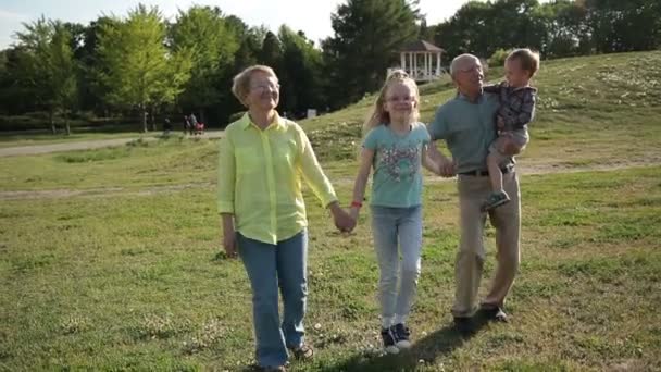 Ευτυχισμένη οικογένεια με παιδιά διασκεδάζουν στο πάρκο - Πλάνα, βίντεο